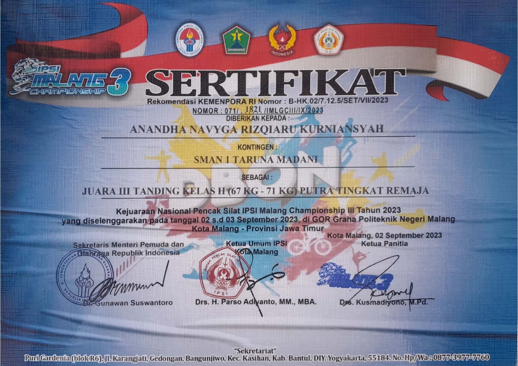 Juara III Tanding Kelas H Putra Tingkat Remaja dalam Kejuaraan Nasional Pencak Silat 