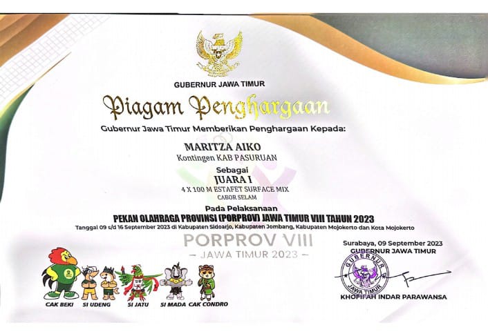 Juara 1 Pekan Olahraga Provinsi (Porprov) Jatim VIII tahun 2003 Cabor Selam Nomor 4 X 100 M Estafet Surface Mix