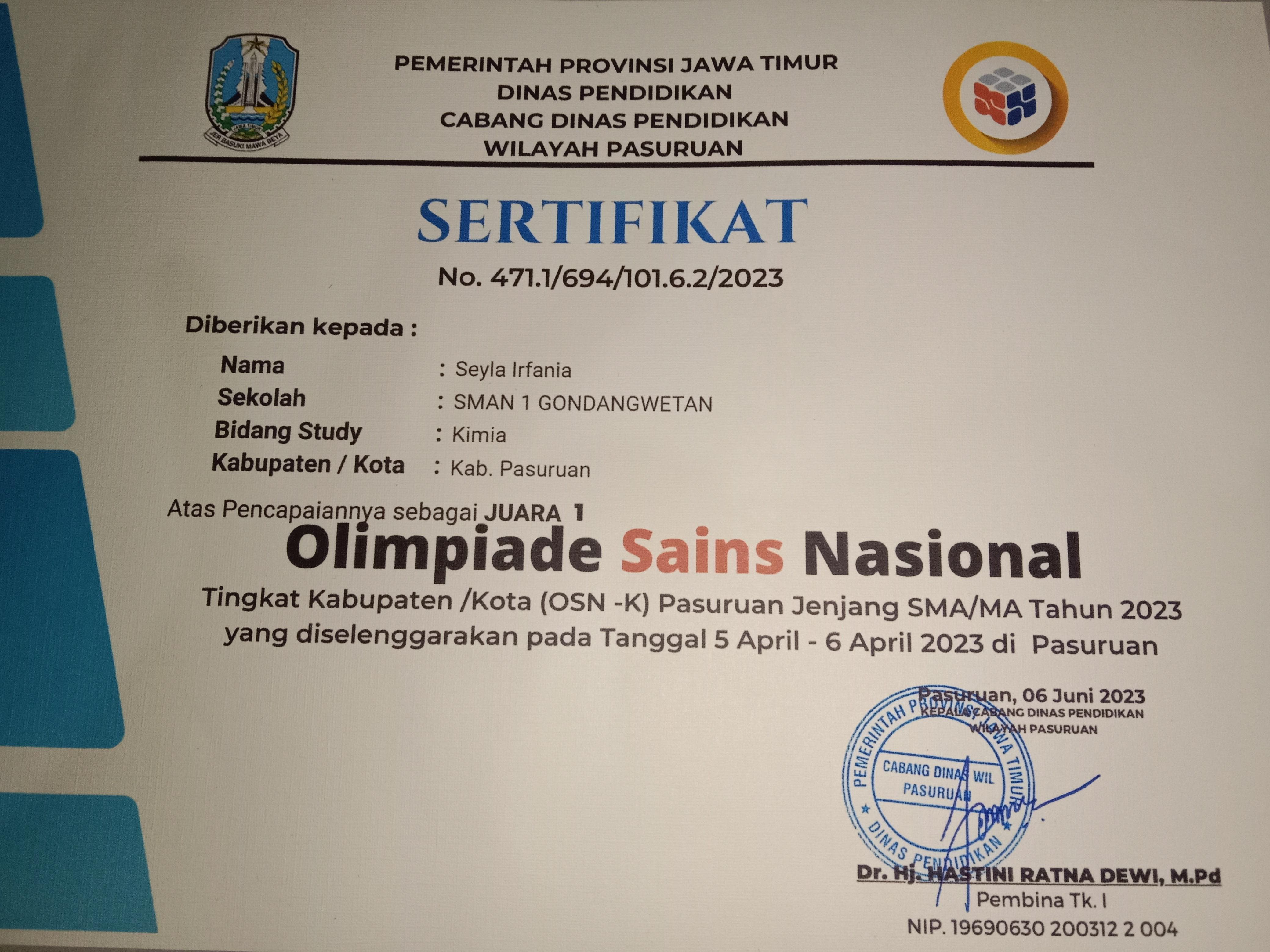 JUARA 1 OLIMPIADE SAINS NASIONAL TINGKAT KAB PASURUAN