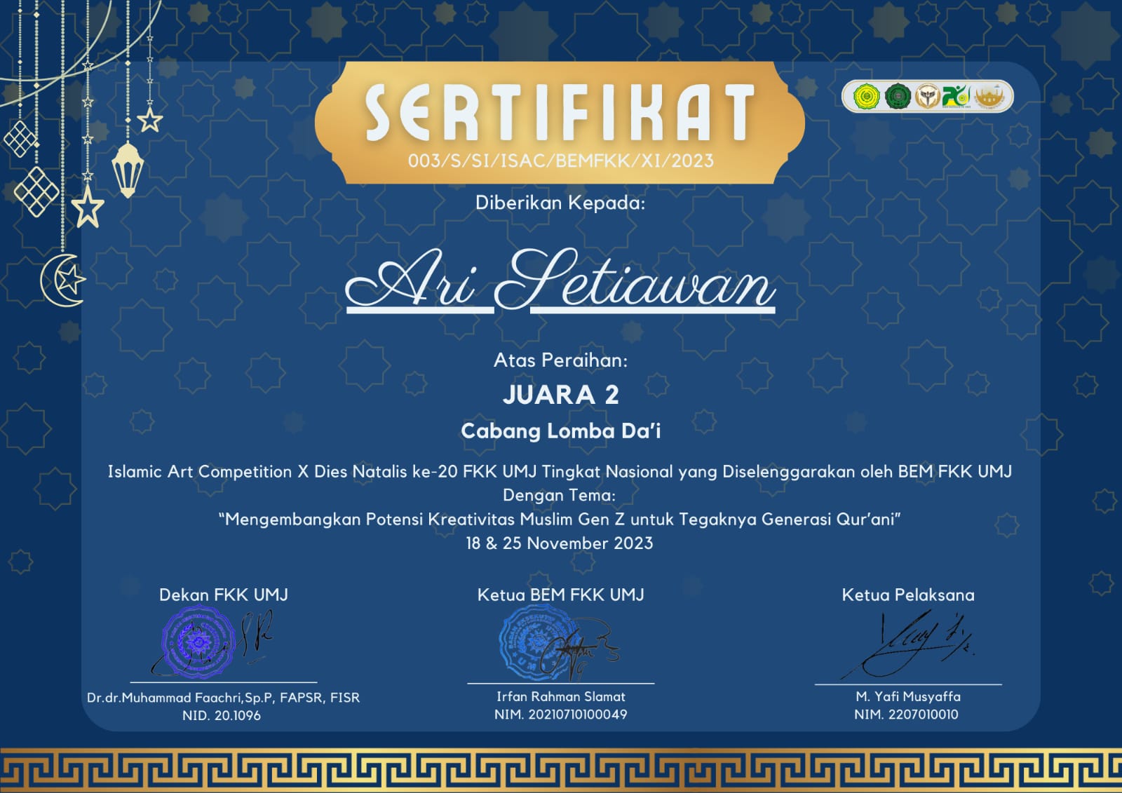 ISLAMIC ART COMPETITION X DIESNATALIS FKK UMJ BIDANG DA\'I