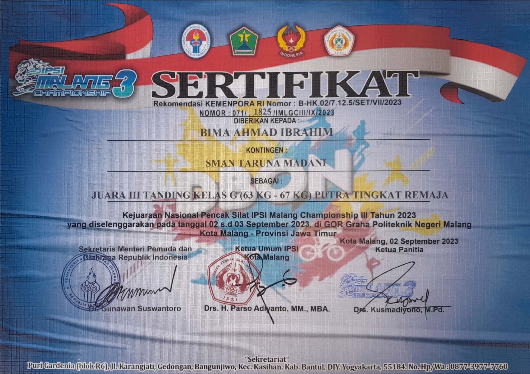 Juara III Tanding Kelas G Putra Tingkat Remaja dalam Kejuaraan Nasional Pencak Silat 