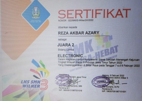 Juara 2 Lomba Kompetensi Siswa Tingkat Wilayah Kerja III Propinsi Jawa Timur Kategori Electronics Tahun 2022