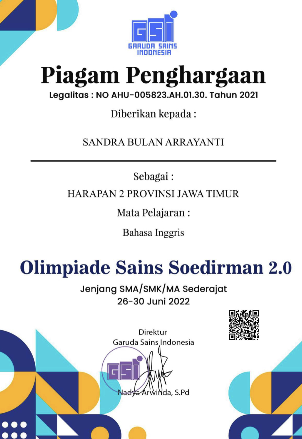 JUARA HARAPAN 2 BIDANG BAHASA INGGRIS OLIMPIADE SAINS SOEDIRMAN 2.0