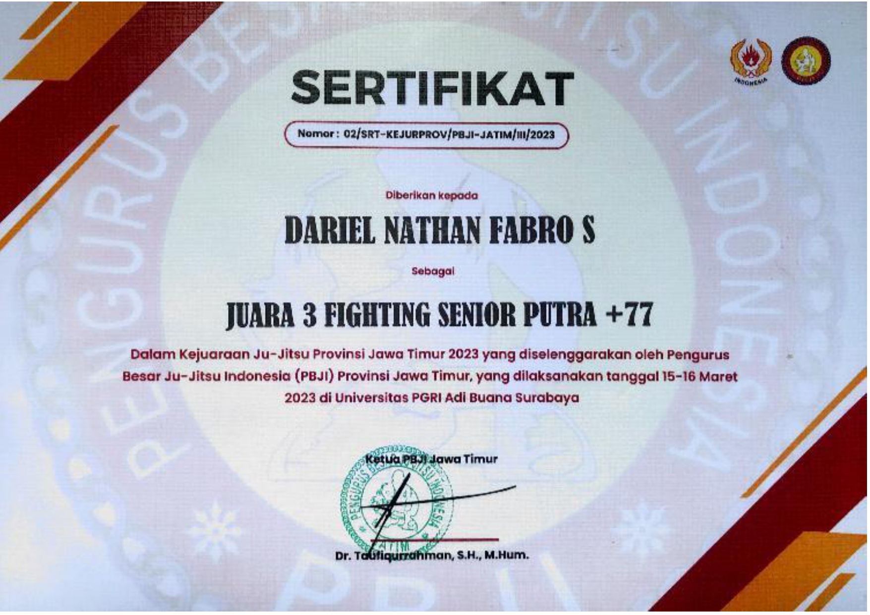 Juara 3 fighting Senior Putra + 77 kg