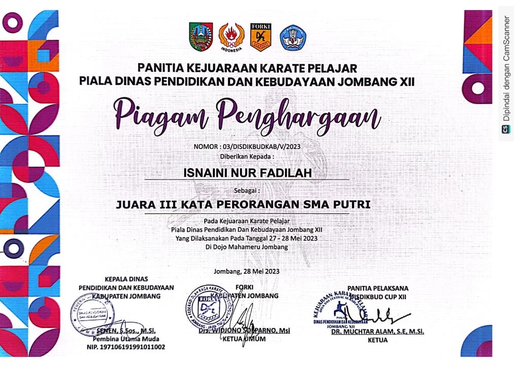 Kejuaraan Karate Pelajar Piala Dinas pendidikan dan Kebudayaan Jombang XII - Kata Perorangan SMA Putri