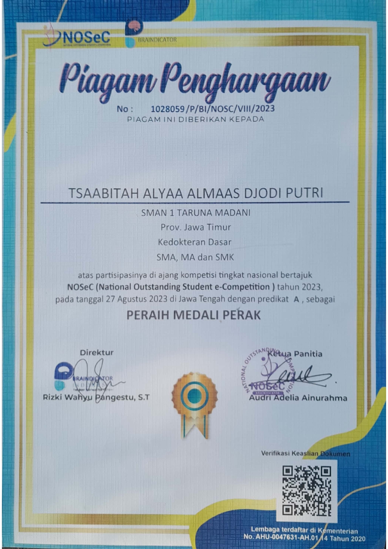 Peraih Medali Perak dalam National Outstanding Student e-Competition bidang Kedokteran Dasar tahun 2023