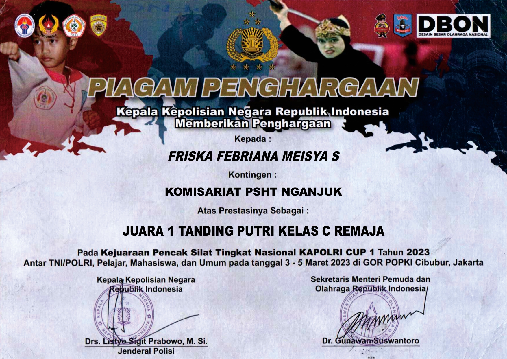 Kejuaraan Pencak Silat Tingkat Nasional KAPOLRI Cup 1 Juara 1 Tanding Putri Kelas C Remaja