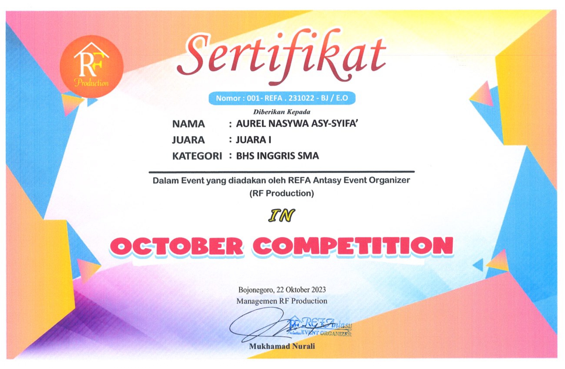 October Competition RF Production Bahasa Inggris Tahun 2023