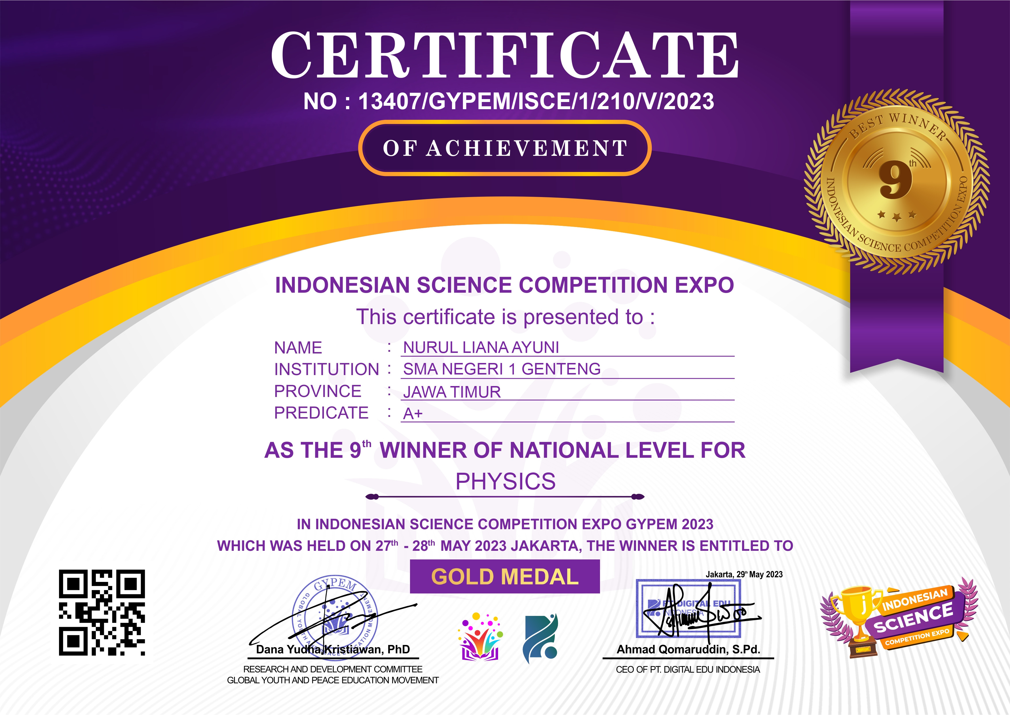 MEDALI EMAS FISIKA INDONESIAN SCIENCE COMPETITION EXPO (ISCE) 