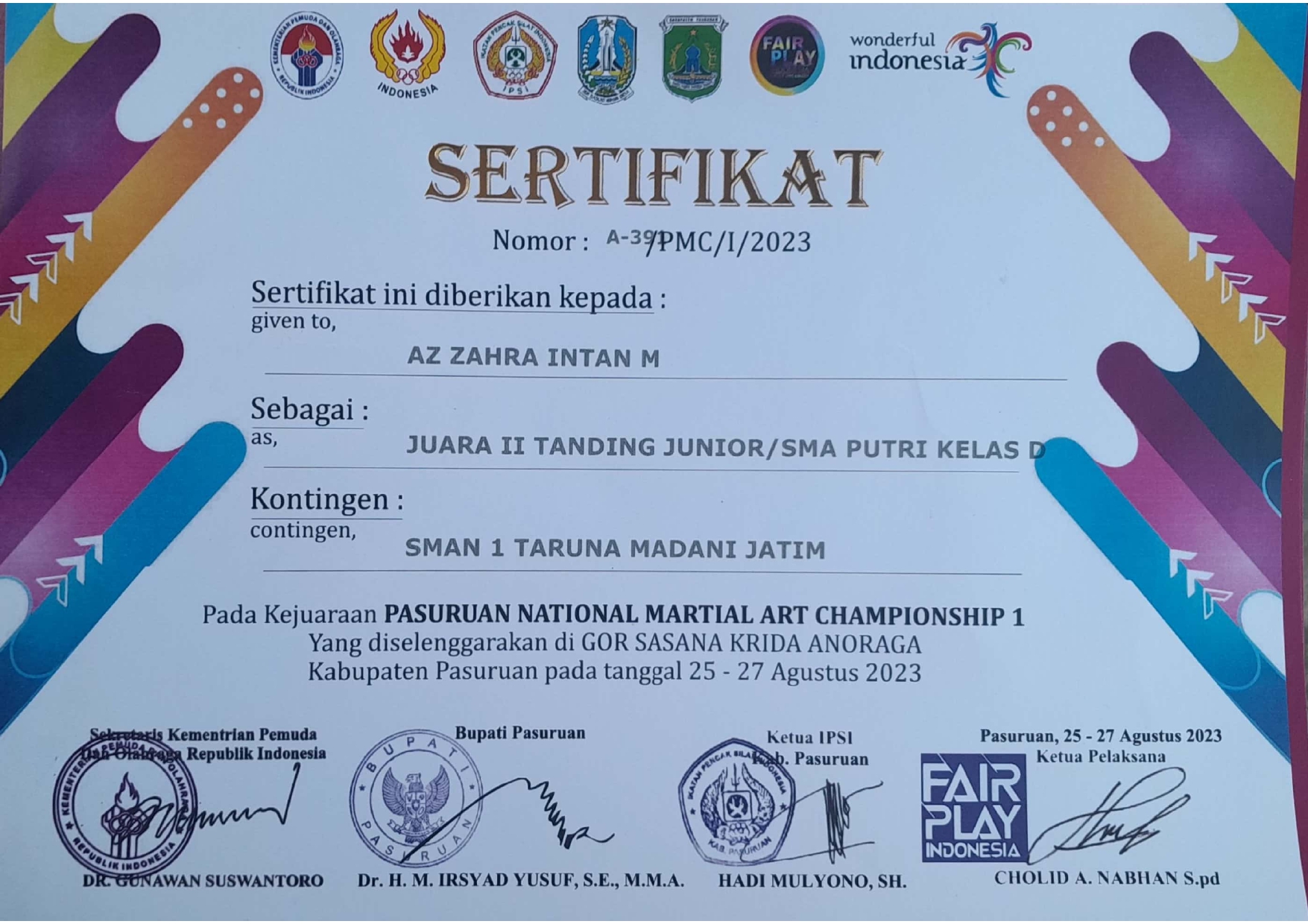 Juara 2 Tanding Junior/SMA Putri Kelas D pada Pasuruan National Martial Art Championship 1