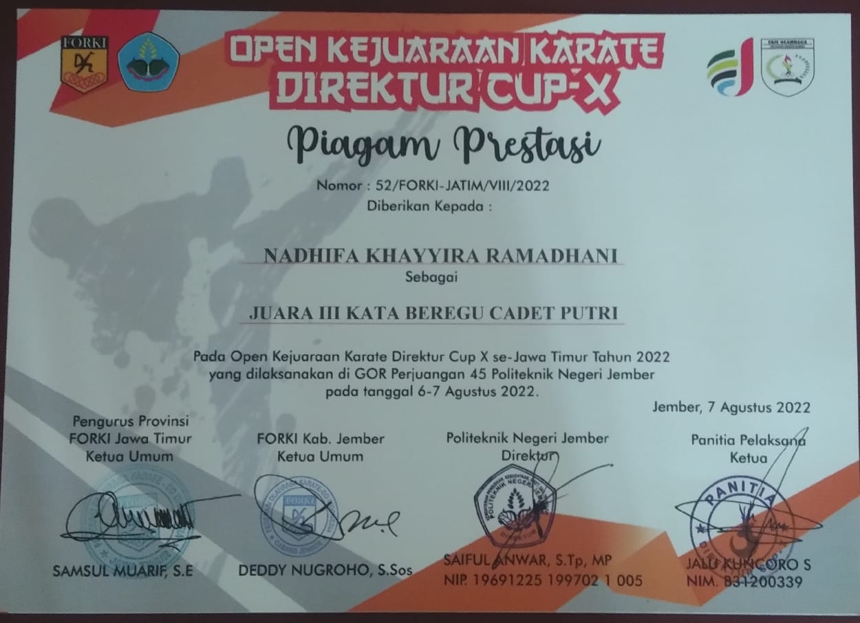 JUARA 3 KATA BEREGU CADET PUTRI KEJUARAAN DIRECTUR CUP X OPEN KARATE SE JAWA TIMUR POLITEKNIK NEGERI JEMBER