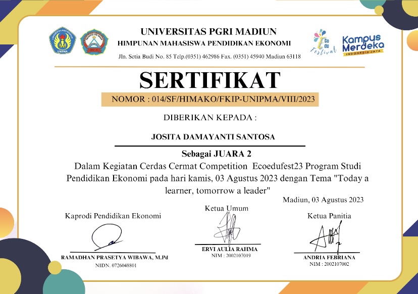 JUARA 2 LOMBA CERDAS CERMAT COMPETITION ECOEDUFEST23 BIDANG EKONOMI SE-KARISEDENAN MADIUN 