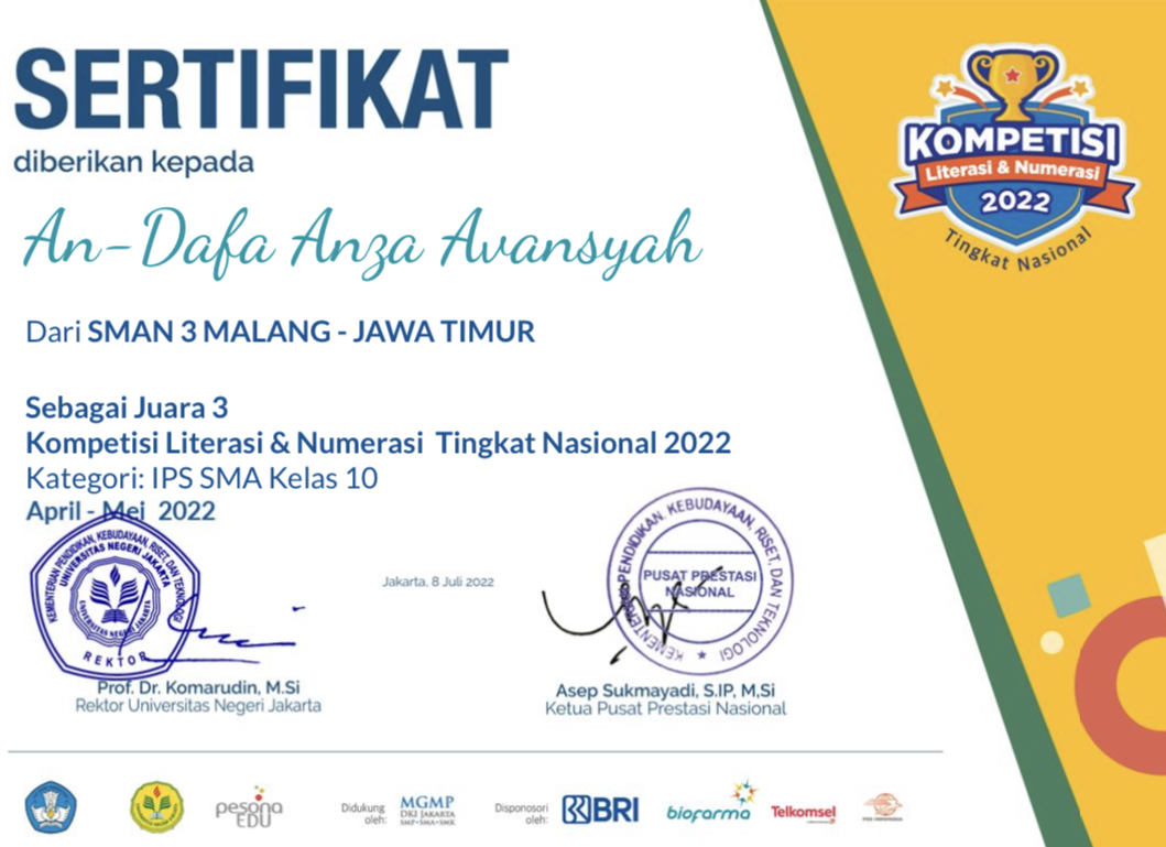 Juara 3 Kategori IPS SMA Kompetisi Literasi Numerasi 2022 Tingkat Nasional