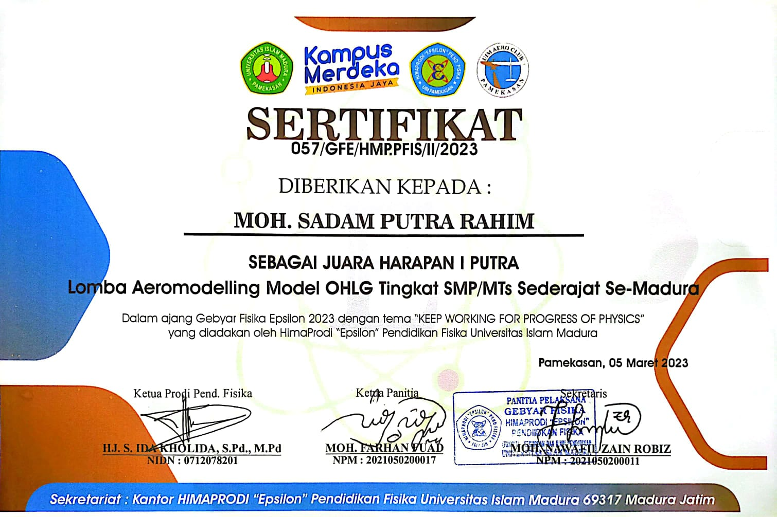 Lomba Aeromodelling Model OHLG Tingkat SMP/MTs Sederajat Se- Madura 