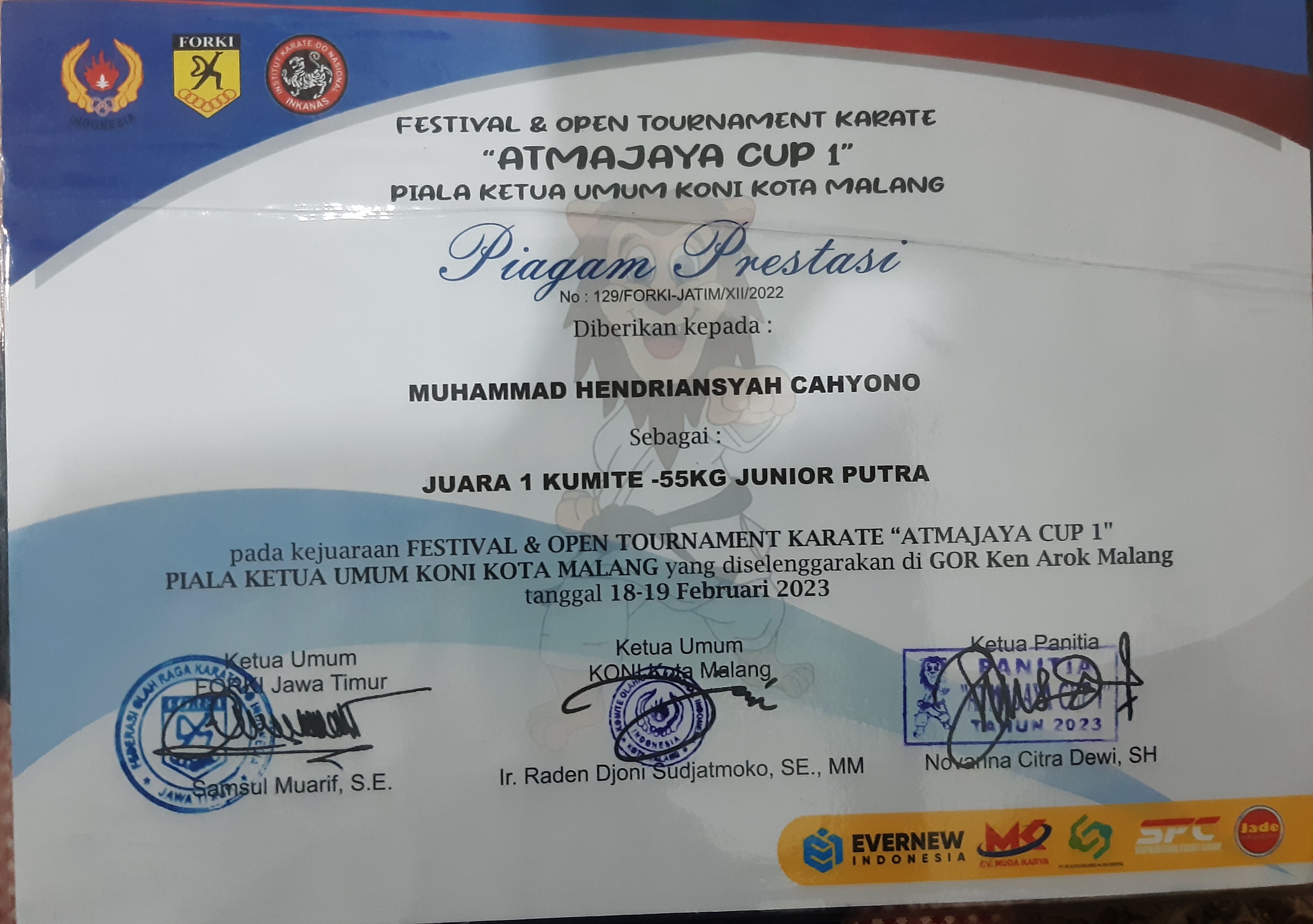 Atmajaya Cup 1, Piala ketua umum KONI Malang, Kumite -55kg Junior Putra