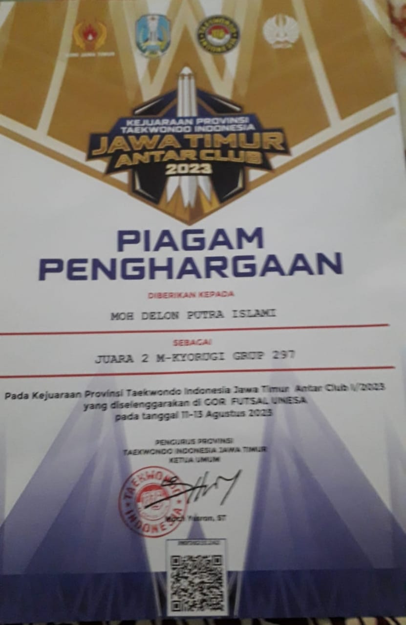 Juara 2 M - KYORUGI  GRUB 297 dalam kejuaraan provinsi taekwondo indonesia jawa timur antar club 2023