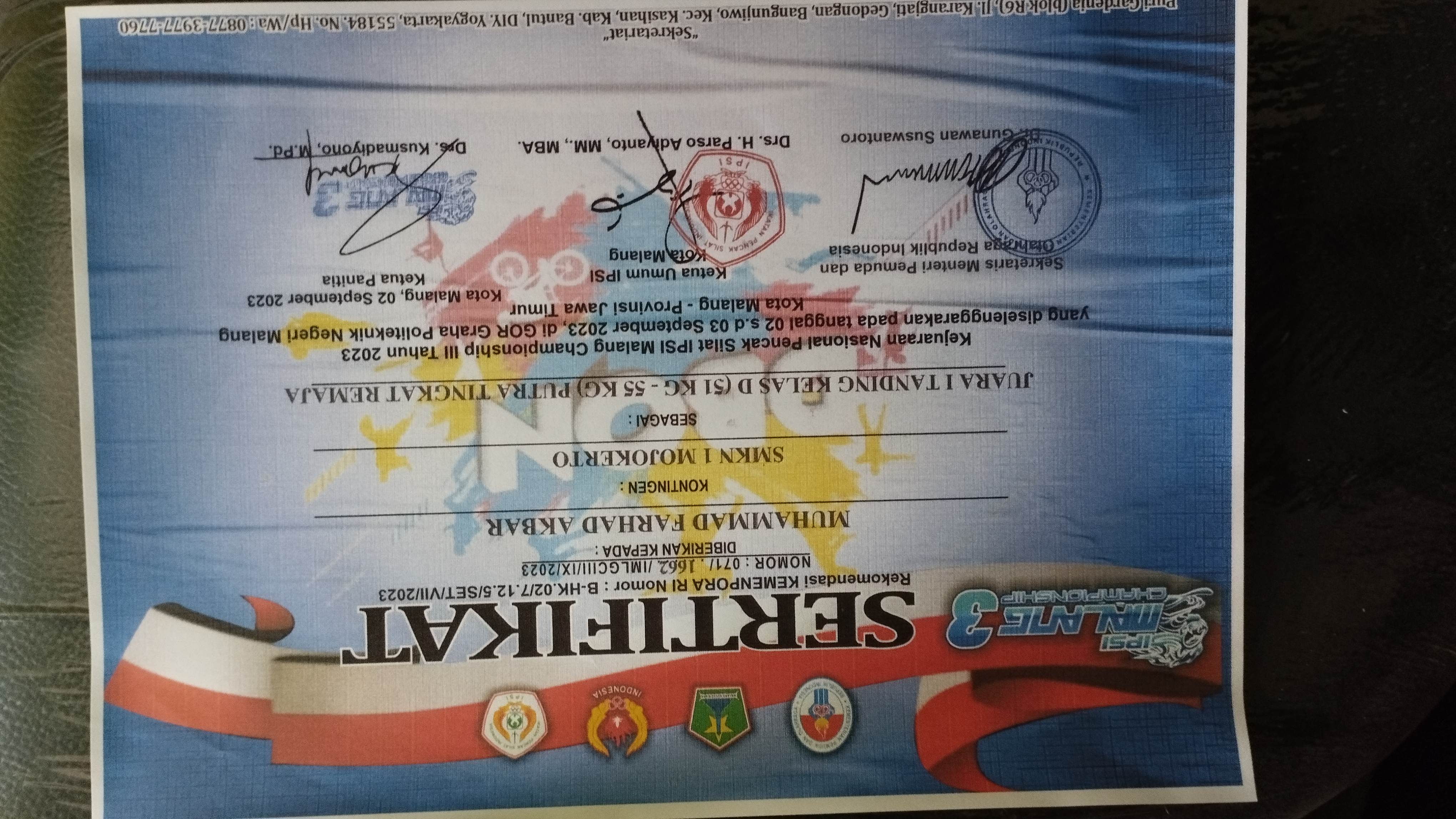 JUARA 1 TANDING KELAS D (51 KG-55 KG) PUTRA TINGKAT REMAJA DALAM KEJUARAAN NASIONAL PENCAK SILAT IPSI MALANG CHAMPIONSHIP III TAHUN 2023