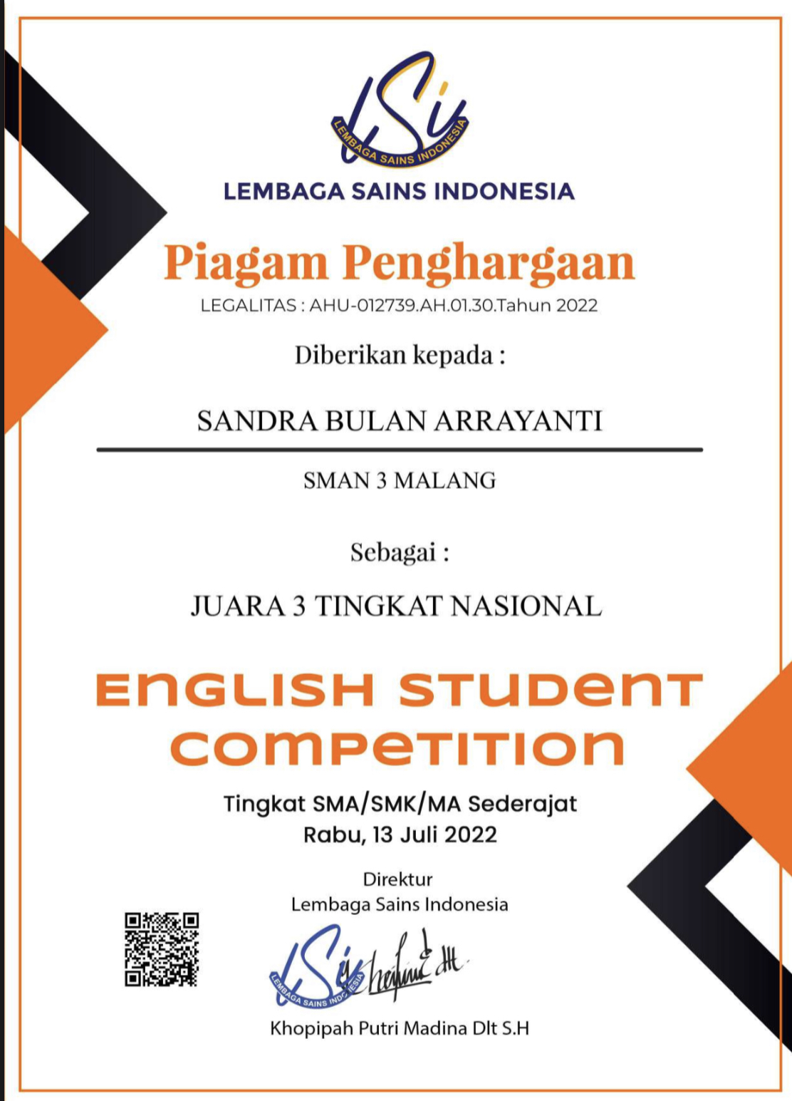 JUARA 3 BIDANG BAHASA INGGRIS ENGLISH STUDENT COMPETITION