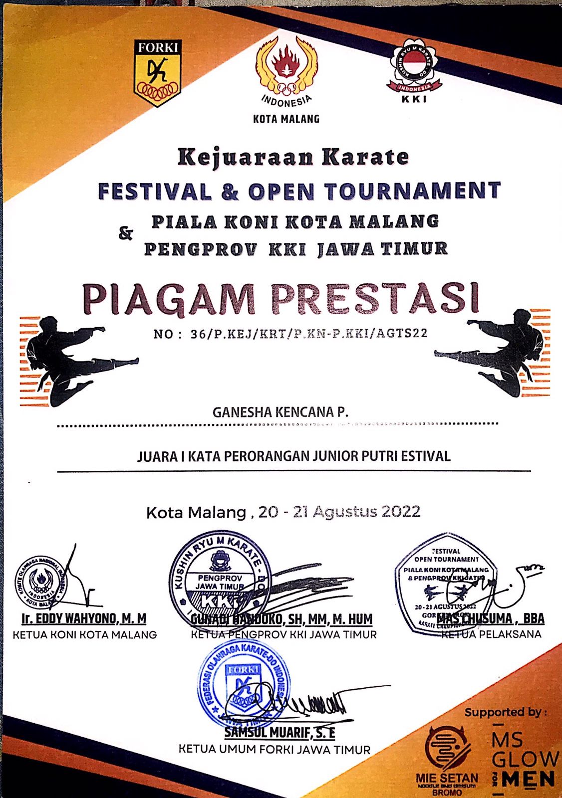 JUARA 1 KATA PERORANGAN JUNIOR PUTRI FESTIVAL - Piala KONI Kota Malang