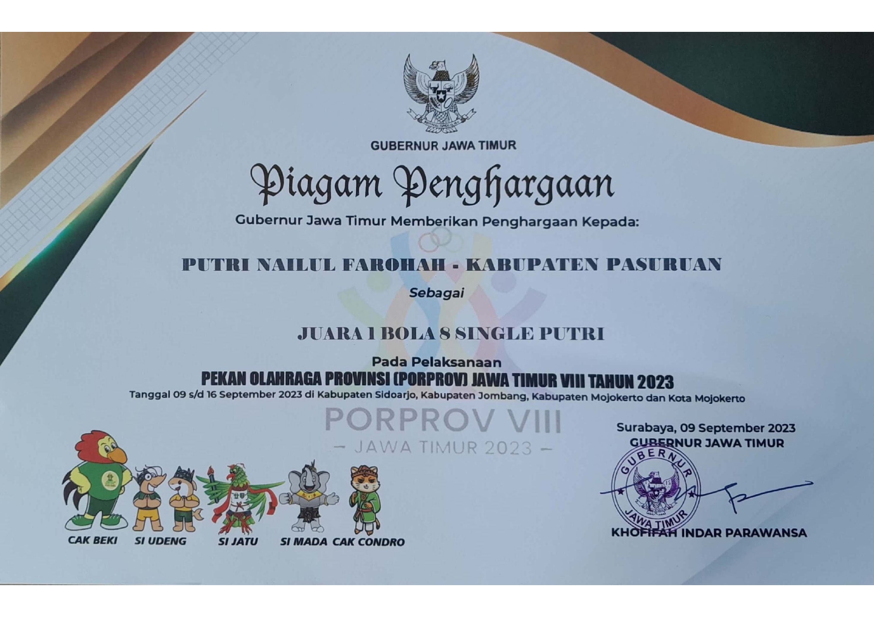 Juara 1 Bola 8 Single Putri dalam Pekan Olahraga Provinsi Jawa Timur VIII