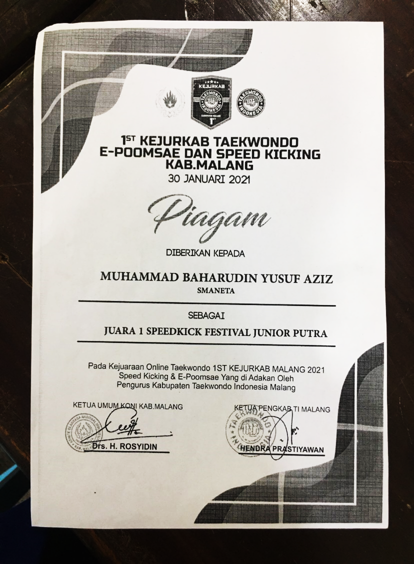 Juara 1 Speedkick Festival Junior Putra Pada Kejuaraan Online Taekwondo 1st KEJURKAB MALANG 2021 Speed Kicking & E-Poomsae Yang Diselenggarakan Pada Tanggal 30 Januari 2021 