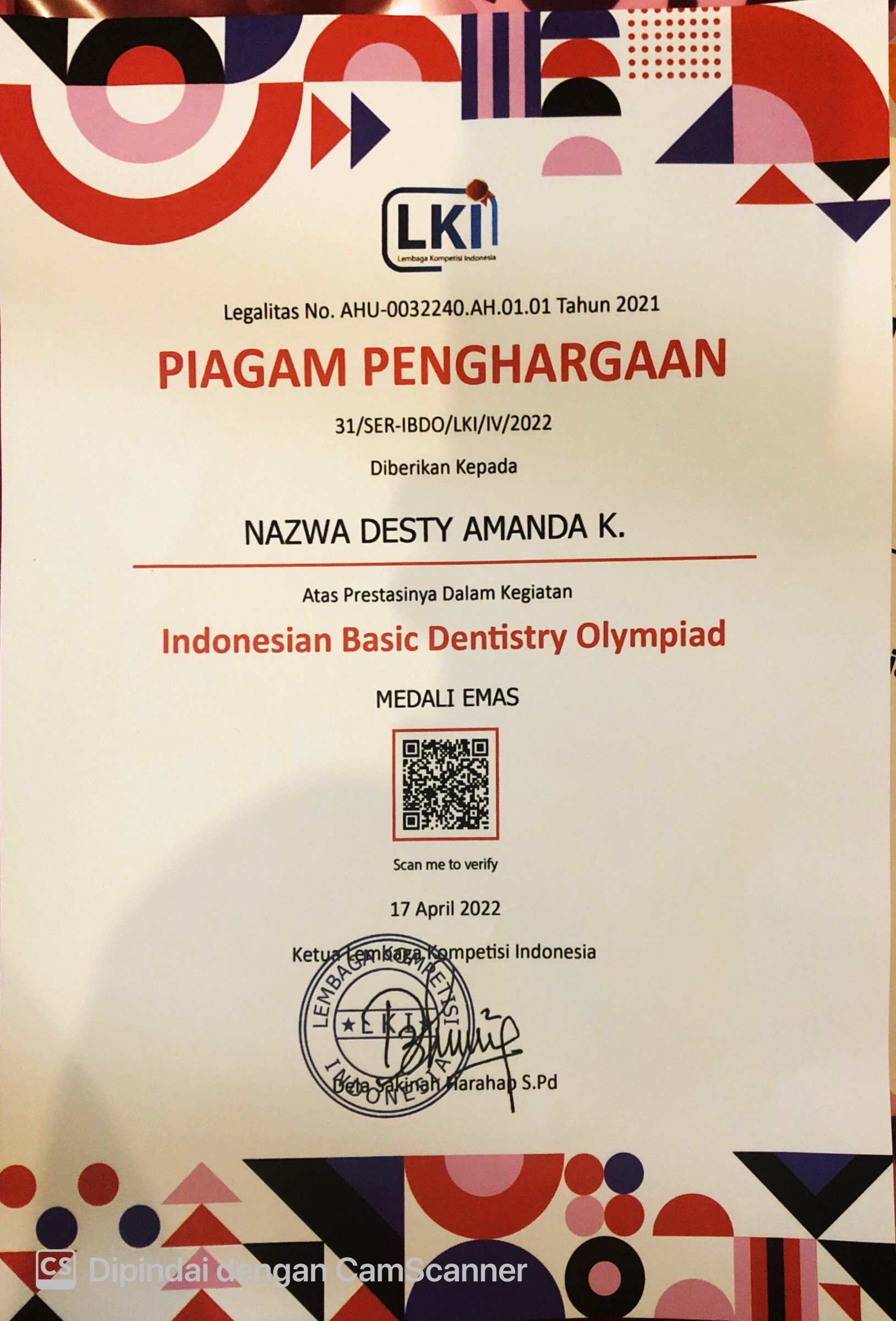 MEDALI EMAS INDONESIAN BASIC DENTISTRY OLYMPIAD