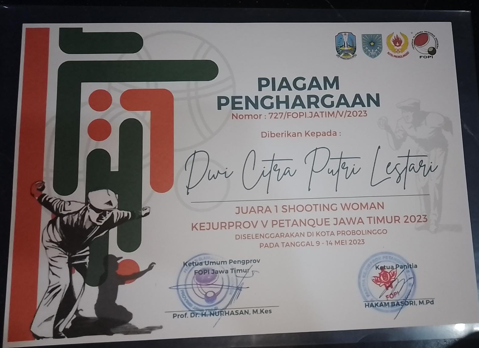 Juara 1 Shooting Woman Kejurprov V Petanque Jawa Timur