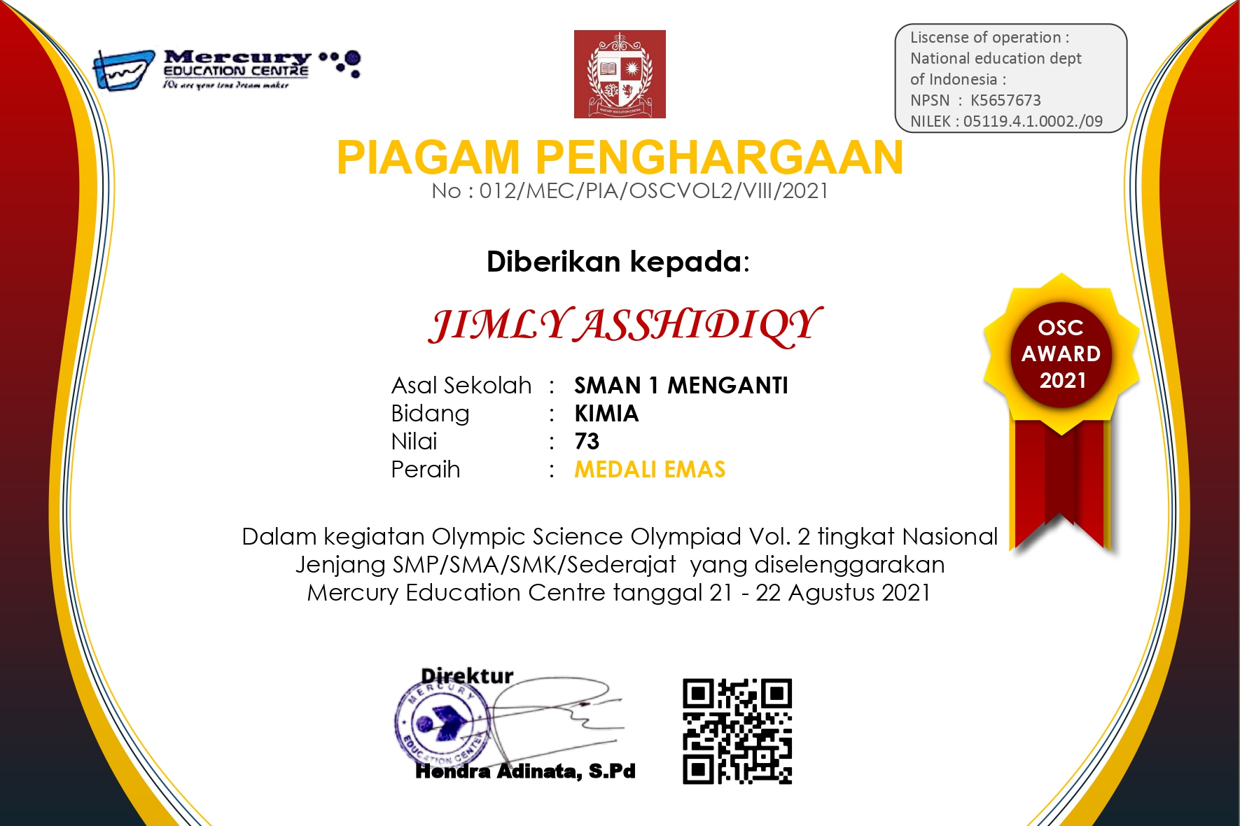 JUARA 1 DALAM KEGIATAN OLIMPIC SCIENCE OLIMPIADE VOL.2 TINGKAT NASIONAL TAHUN 2021