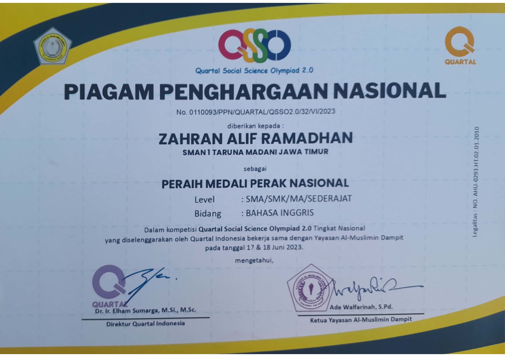 Peraih Medali Perak Nasional Quartal Social Science Olympiad 2.0 Mapel Bahasa Inggris Level SMA/SMK/MA/Sederajat