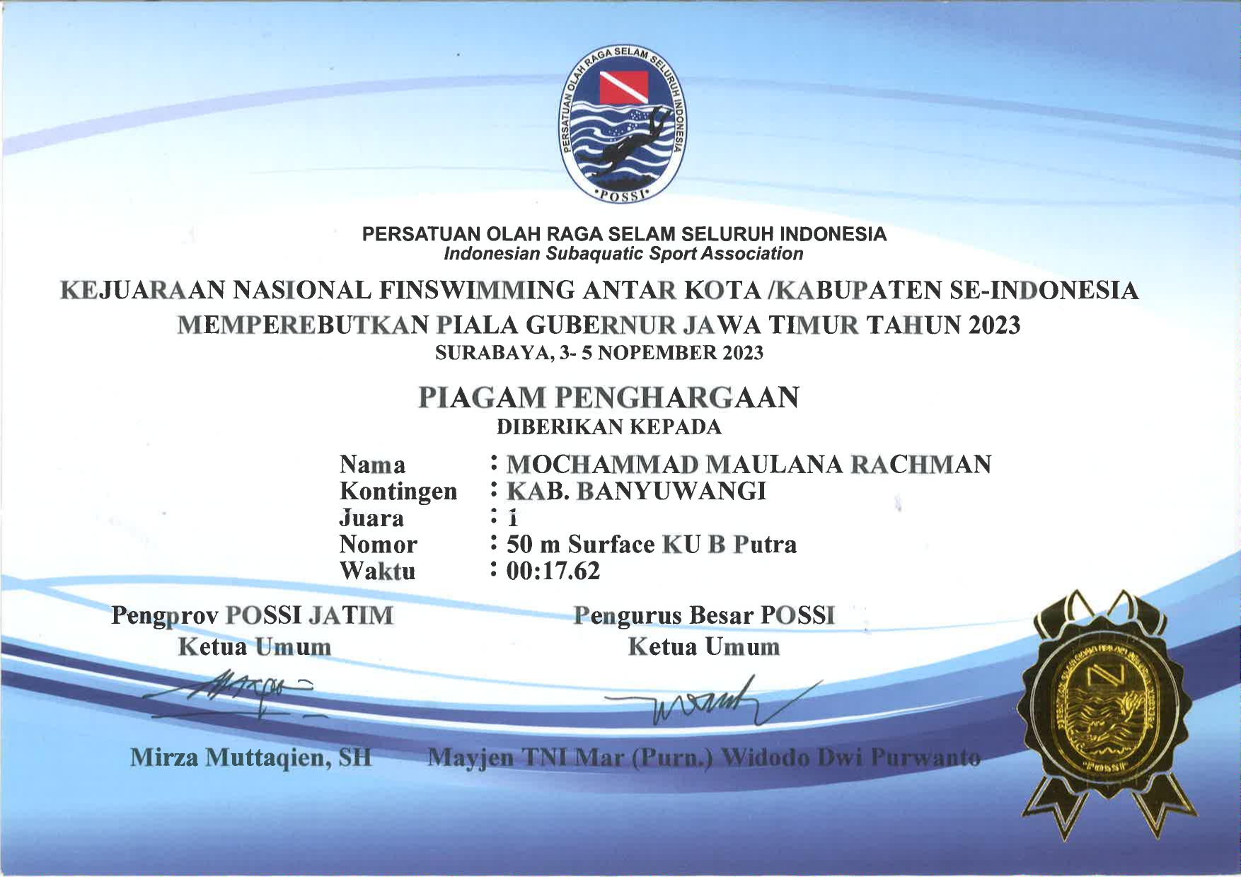 Kejuaraan Nasional Finswimming Antar Kota/Kabupaten se-Indonesia Memperebutkan Piala Gubernur Jawa Timur Tahun 2023