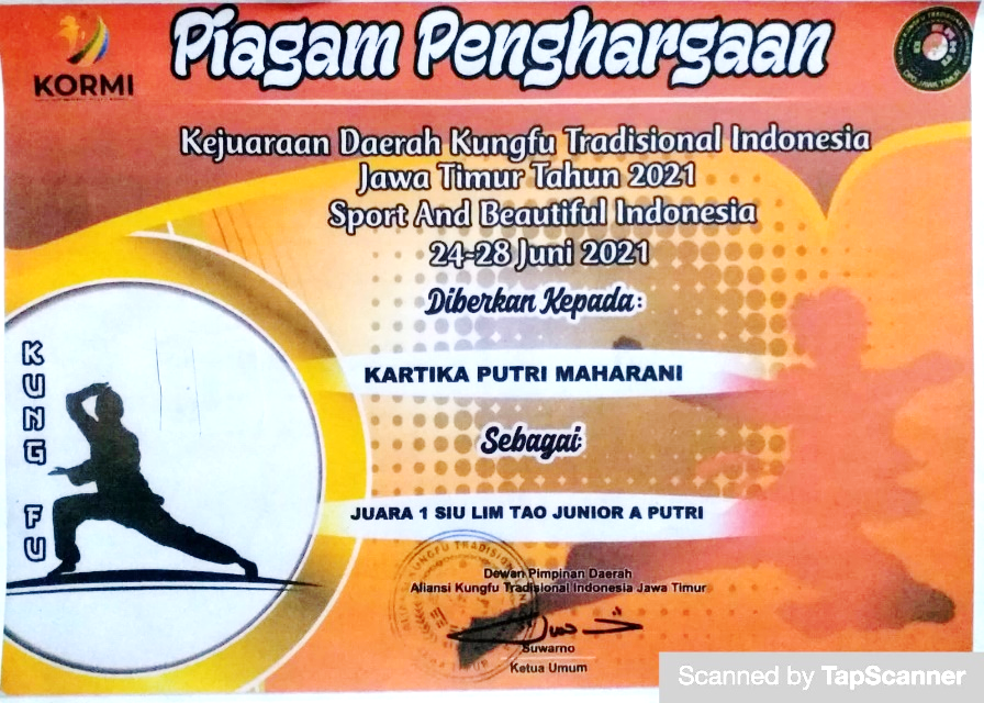 Juara 1 SIU LIM TAO JUNIOR A PUTRI Pada Kejuaraan Daerah Kungfu Tradisional Indonesia Jawa Timur Tahun 2021 Yang Diselenggarakan Pada Tanggal 24 Juni 2021 S/D 28 Juni 2021 