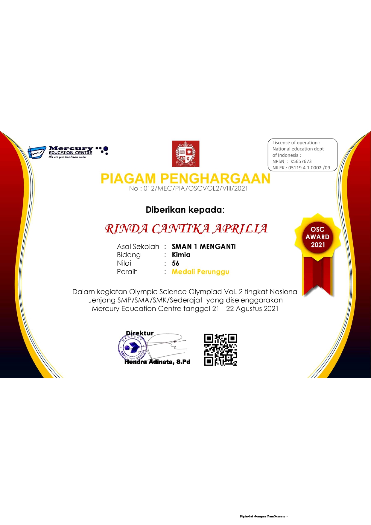 JUARA 3 DALAM KEGIATAN OLIMPIC SCIENCE OLIMPIADE VOL.2 TINGKAT NASIONAL