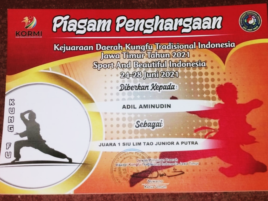 Juara 1 Siu Lim Tao Junior A Putra Pada Kejuaraan Daerah Kungfu Tradisional Indonesia Jawa Timur Tahun 2021 Yang Diselenggarakan Pada Tanggal 24 Juni 2021 S/D 28 Juni 2021