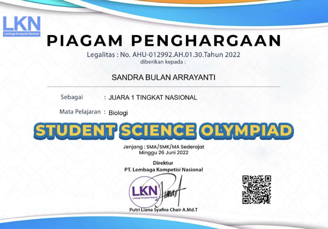 JUARA 1 NASIONAL BIDANG BIOLOGI STUDENT SCIENCE OLYMPIAD 