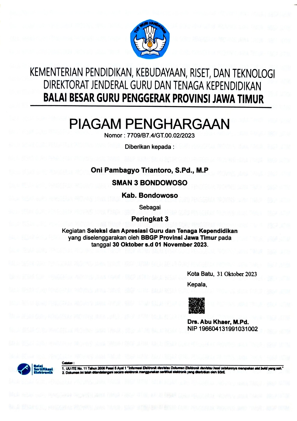 Kegiatan Seleksi dan Apresiasi Guru dan Tenaga Kependidikan Oleh BBGP Provinsi Jawa Timur 2023