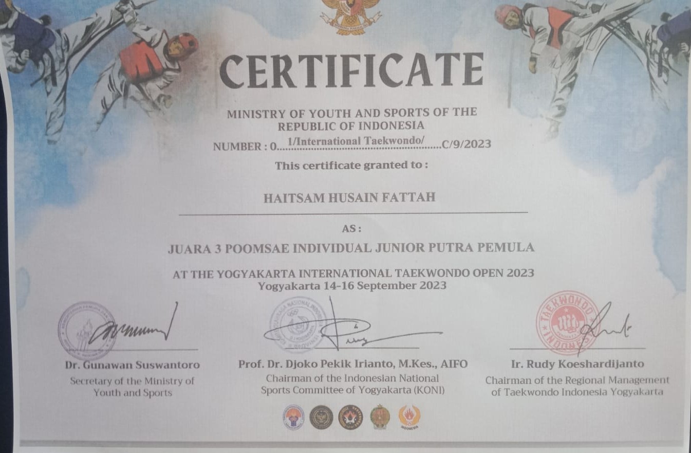 Ministry of Youth and Sports of the Republic of Indonesia At The Yogyakarta Internasional Taekwondo Open 2023 Poomsae Individual Junior Putra Pemula