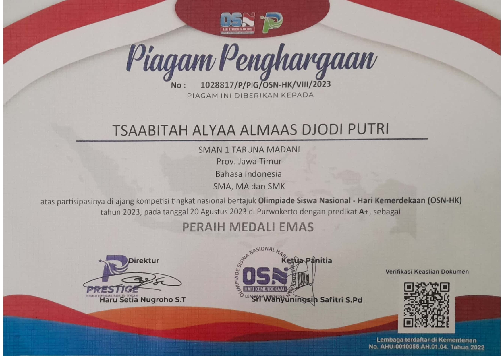 Peraih Medali Emas dalam Olimpiade Siswa Nasional-Hari Kemerdekaan Mapel Bahasa Indonesia