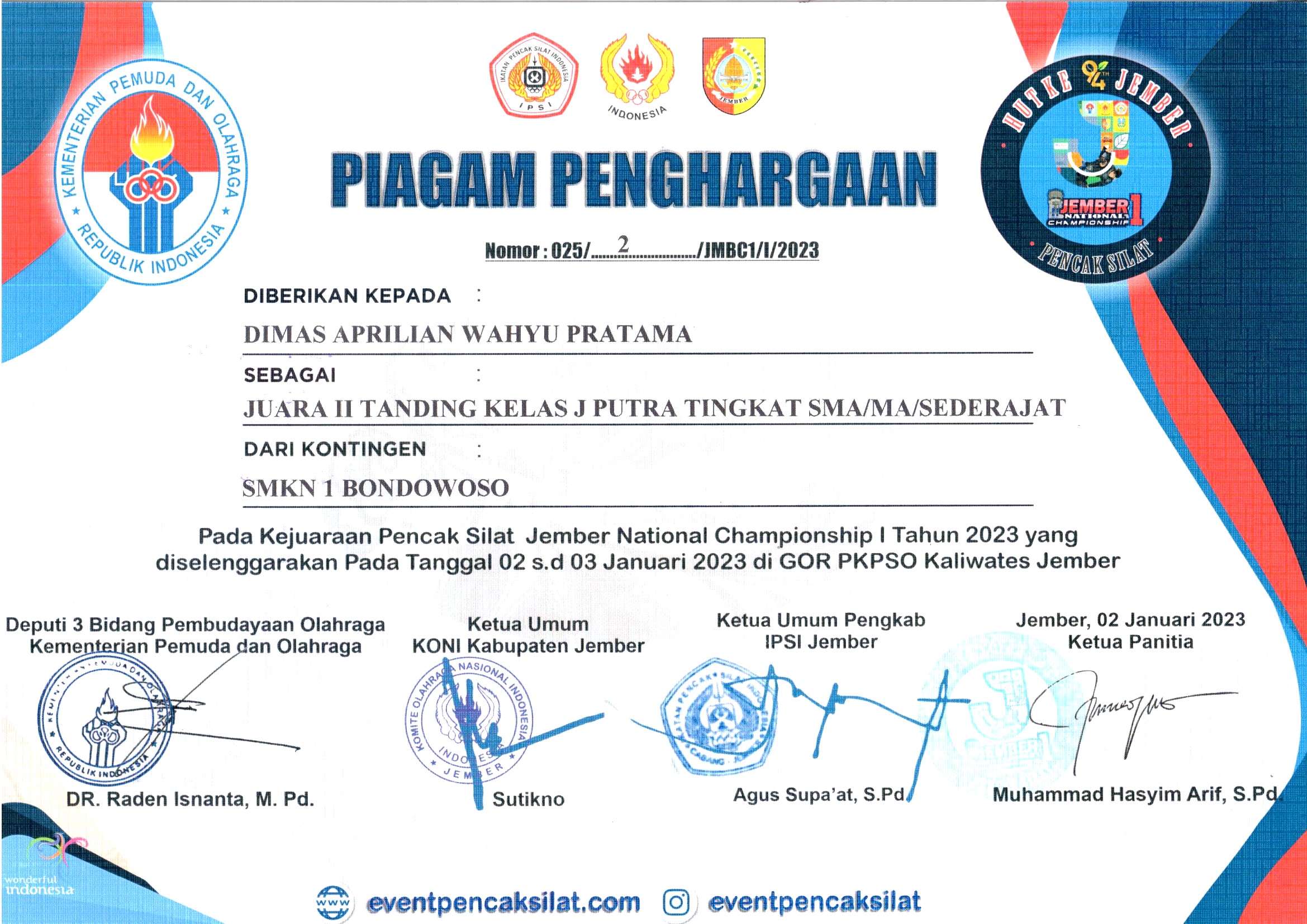 KEJUARAAN PENCAK SILAT JEMBER CHAMPIONSHIP I TANDING PUTRA KELAS J TINGKAT SMA/MA/ SEDERAJAT