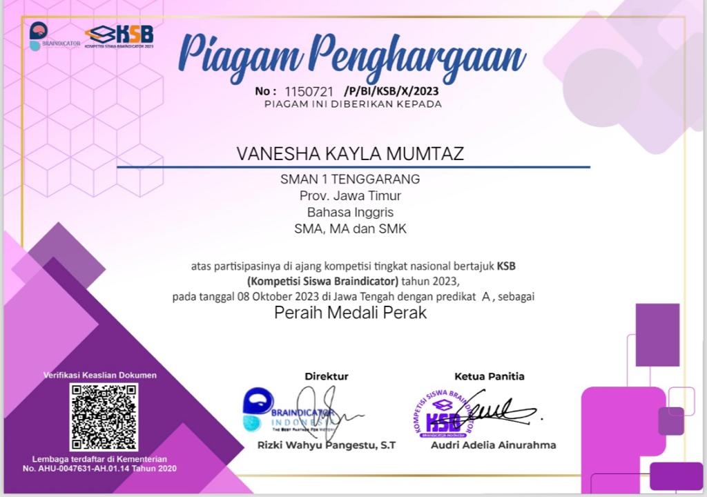 JUARA 2 Kompetisi Tingkat Nasional KSB ( Kompetisi Siswa Braindicator )