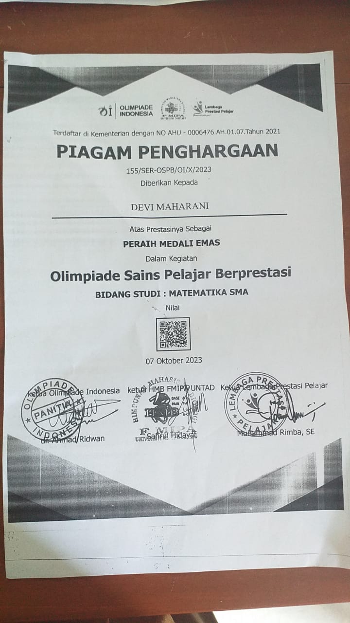 Peraih Medali Emas Olimpiade Sains Pelajar Berprestasi Bidang Studi Matematika SMA