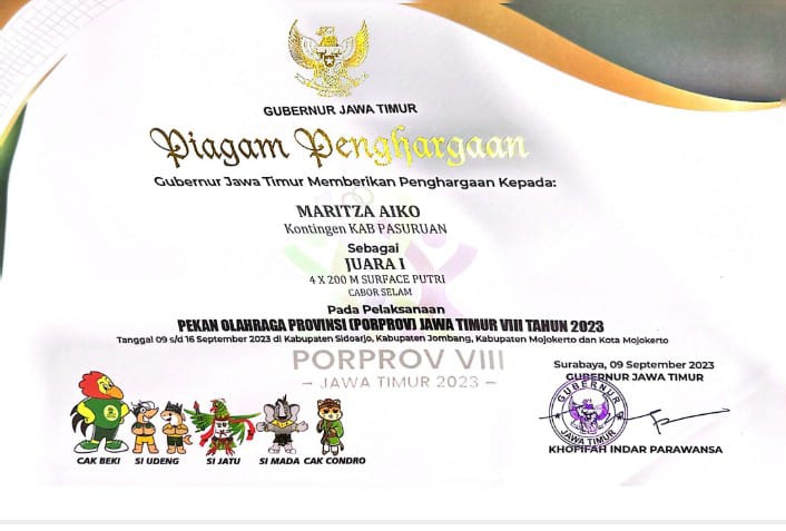 Juara 1 Pekan Olahraga Provinsi (Porprov) Jatim VIII tahun 2003 Cabor Selam Nomor 4 X 200 M Surface Putri