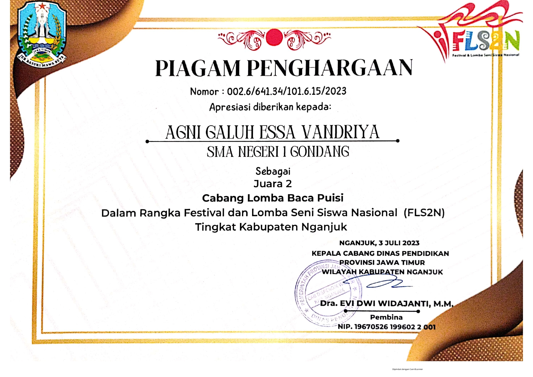 JUARA 2 FLS2N TINGKAT KABUPATEN CABANG LOMBA BACA PUISI