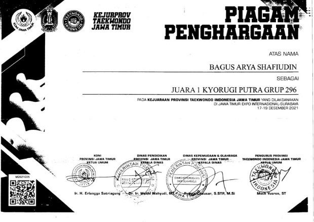 Juara 1 Kyorugi Putra Grup 296 Pada Kejuaraan Provinsi Taekwondo Indonesia Jawa Timur Yang Dilaksanakan Di Jawa Timur Expo Internasional Surabaya 17-19 Desember 2021 