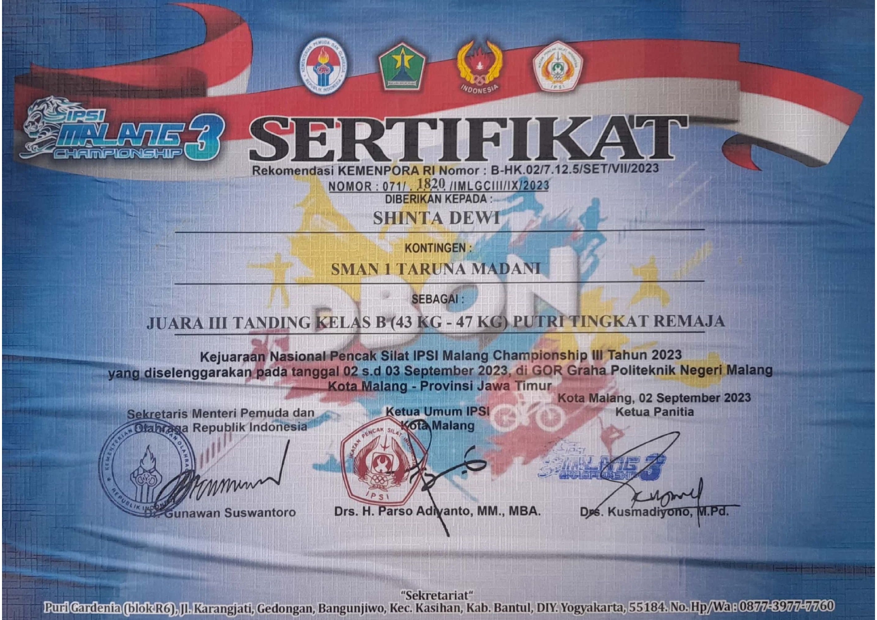 Juara III Tanding Kelas B Putra Tingkat Remaja dalam Kejuaraan Nasional Pencak Silat 