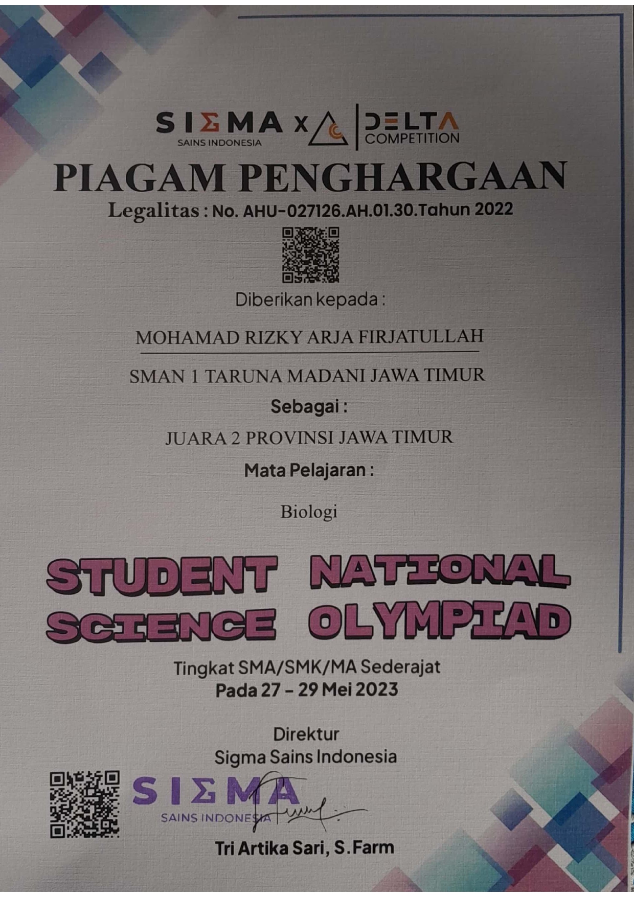 Juara 2 Provinsi Jawa Timur Mapel Biologi dalam Student National Science Olympiad