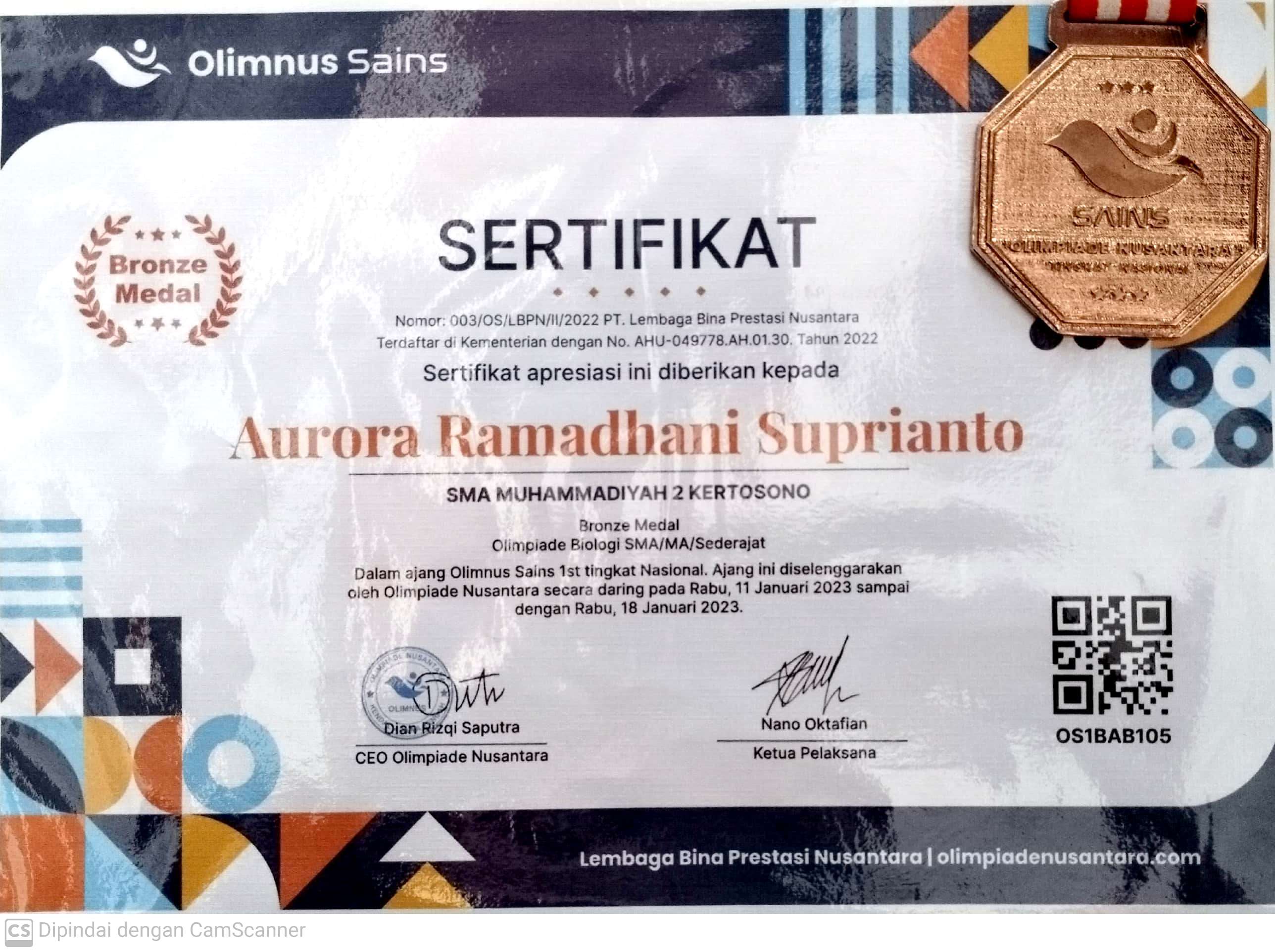 Juara 3 Lomba Olimpiade Biologi dalam Ajang Olimnus Sains 1st tingkat Nasional