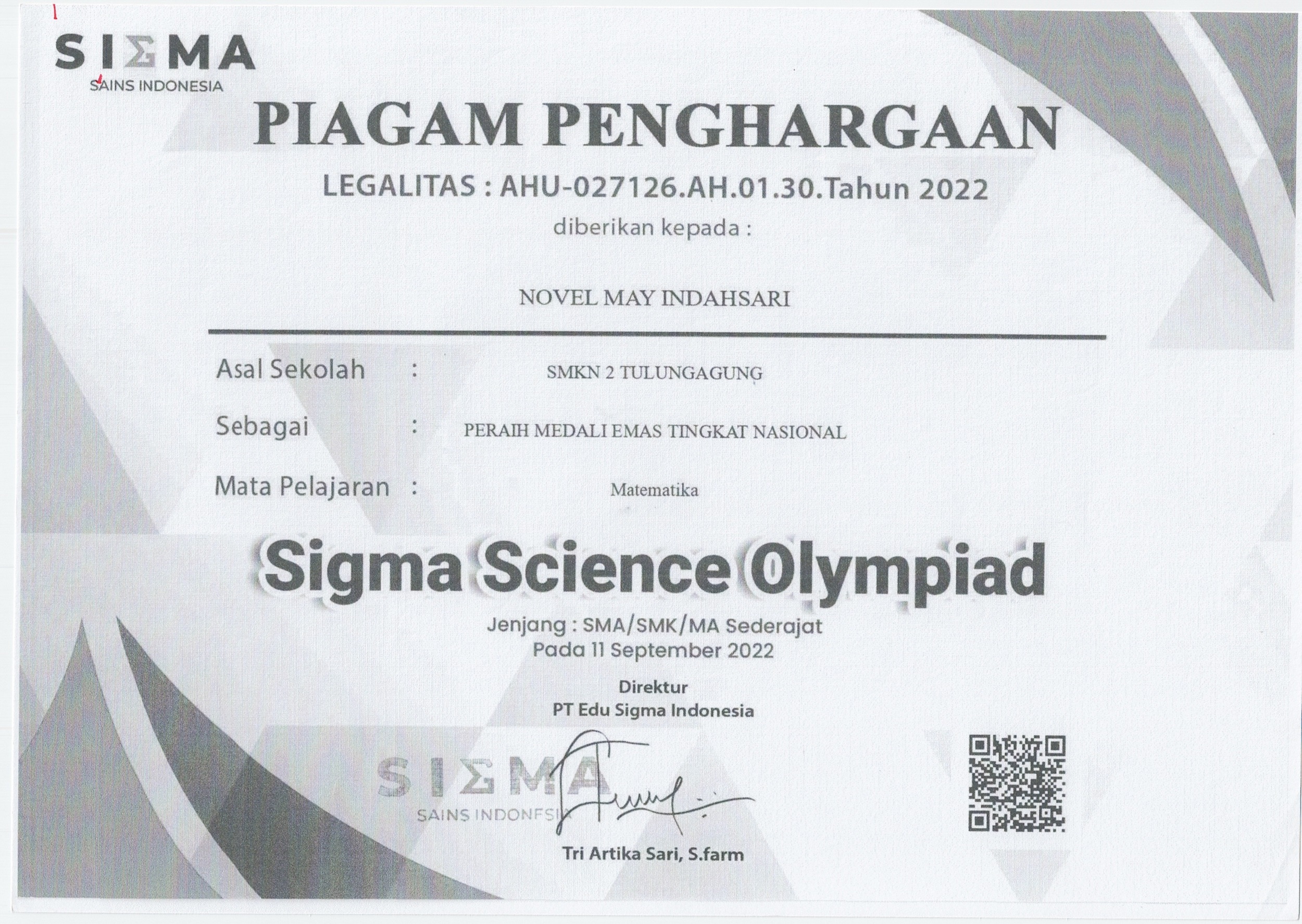 PERAIH MEDALI EMAS TINGKAT NASIONAL MATA PELAJARAN MATEMATIKA DALAM SIGMA SCIENCE OLYMPIAD JENJANG SMA/SMK/MA SEDERAJAT