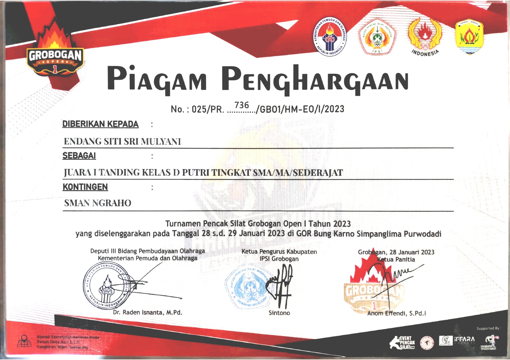 Turnamen Pencak silat Grobogan open tahun 2023 TANDING KELAS D PUTRI TINGKAT SMA/ SMK SEDERAJAT