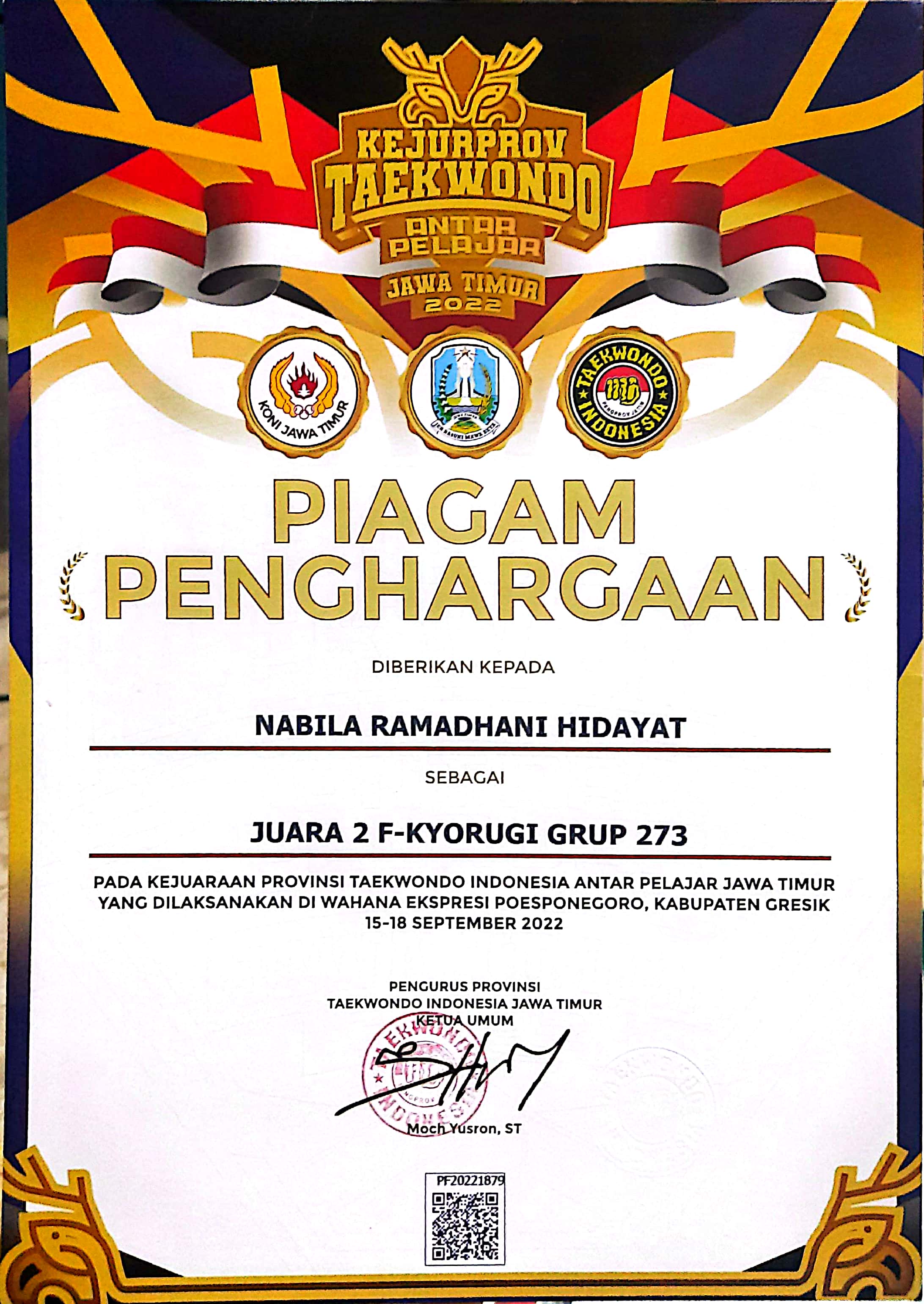 Juara 2 perak, Kejuaraan Provinsi Antar Pelajar Taekwondo Jawa Timur