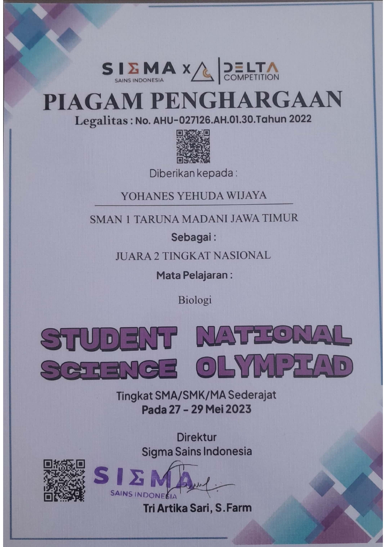 Juara 2 Tingkat Nasional Student National Science Olympiad Mapel Biologi Tingkat SMA/SMK/MA Sederajat